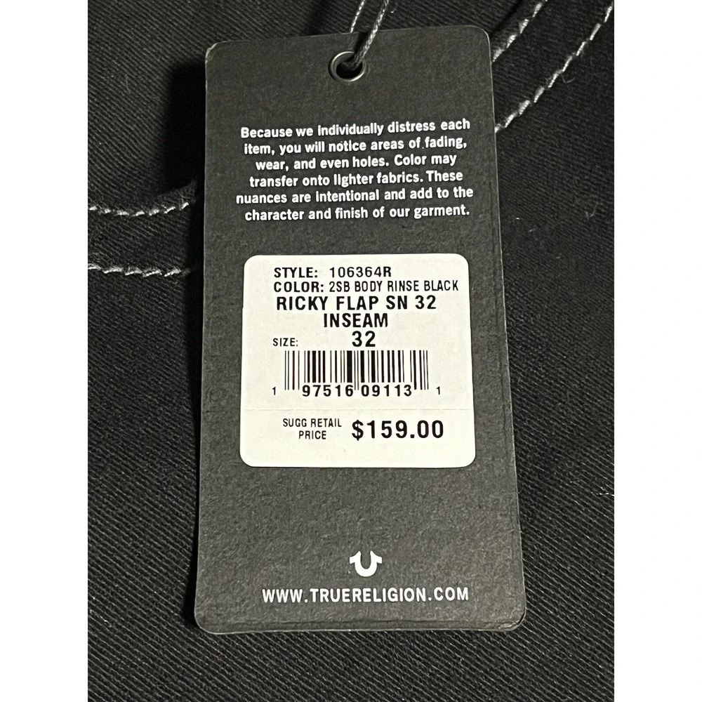 $159 NWT  True Religion Ricky‎ Flap Relaxed Jeans Black WORLD TOUR BUDDHA 32x32